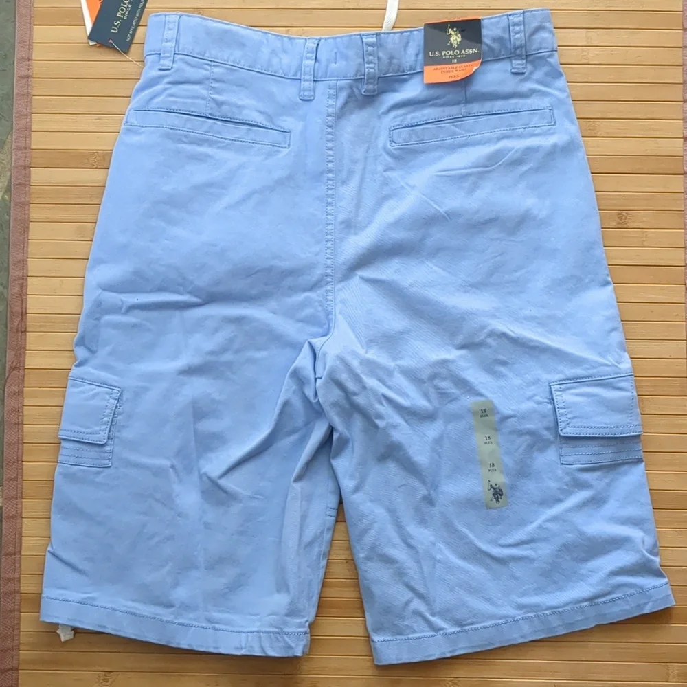 US Polo Assn Boys Light Blue Flex Cotton Cargo Shorts, Size 18, NEW, nwt